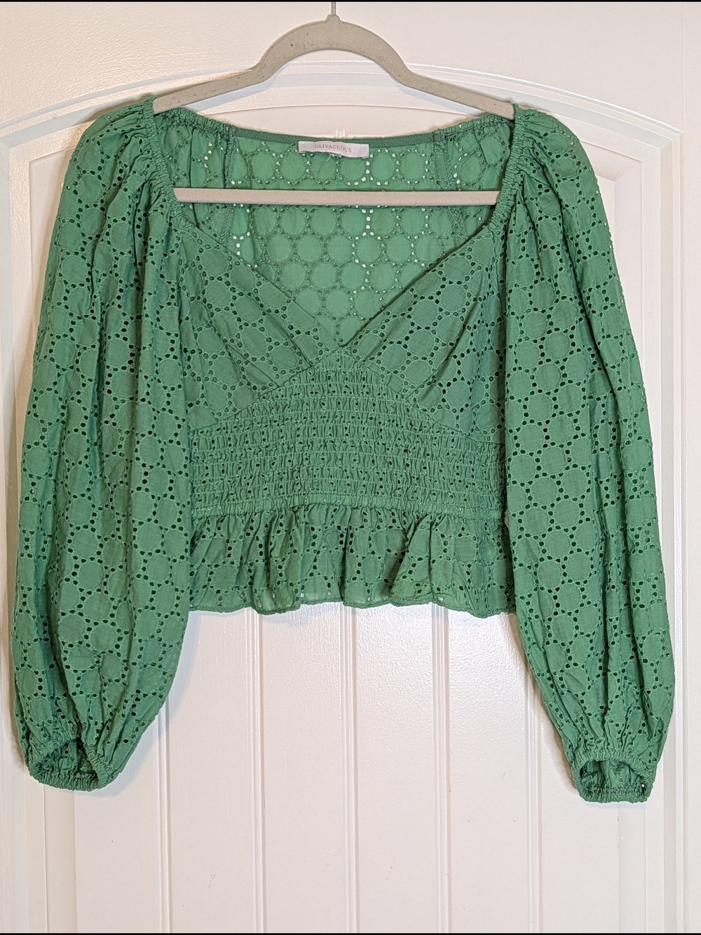 Olivaceous Mint Green Eyelet Cotton Cinched Waist Long Sleeve Top